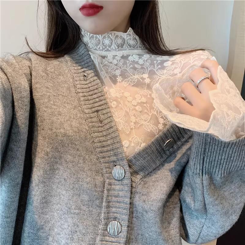 Plus Size Women's Lace Inner Shirt: Elegant Long Sleeve Mesh Top for Autumn/Winter