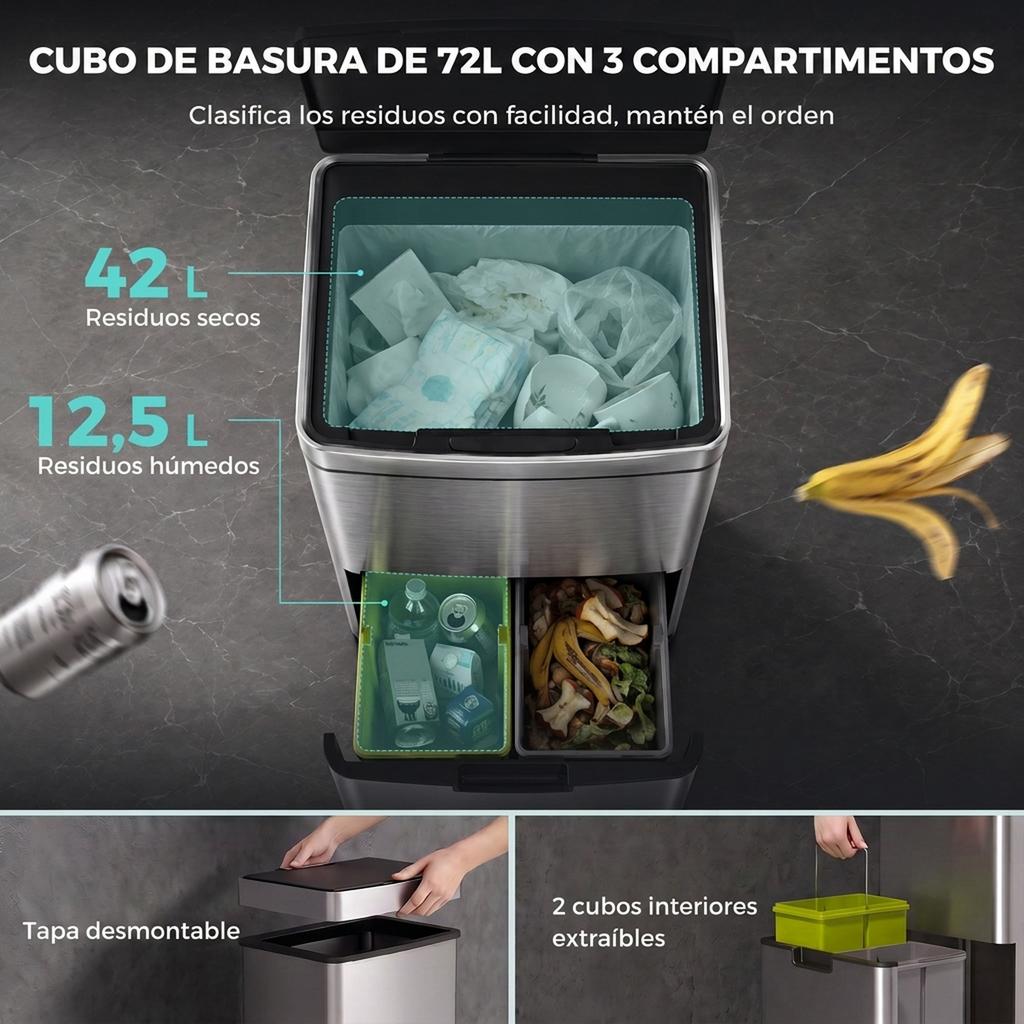 Kitchen Waste Bin, 72 L, Motion Sensor, 3 Compartments, 42 x 30 x 81 cm, Grey