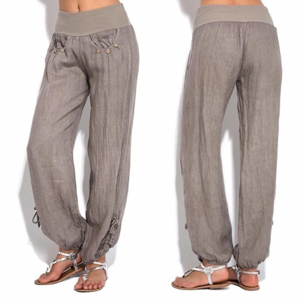 Fashion Women Solid Buttons Cotton And Linen Casual Loose Trouser Wide Leg Pants