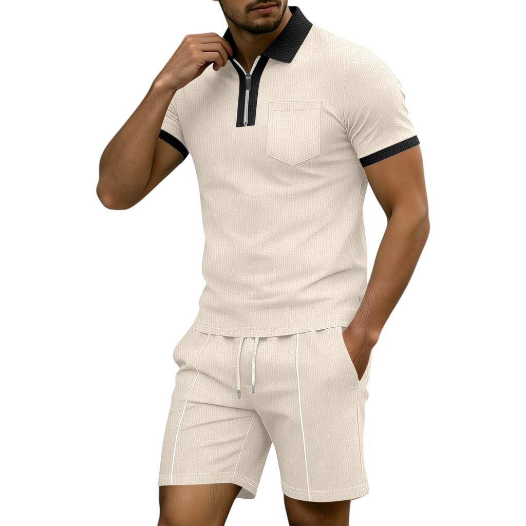 Men's Summer Casual Color-Blocked Shirt With Lapel And Pockets And Half-Zip, Shorts Two-Piece Set