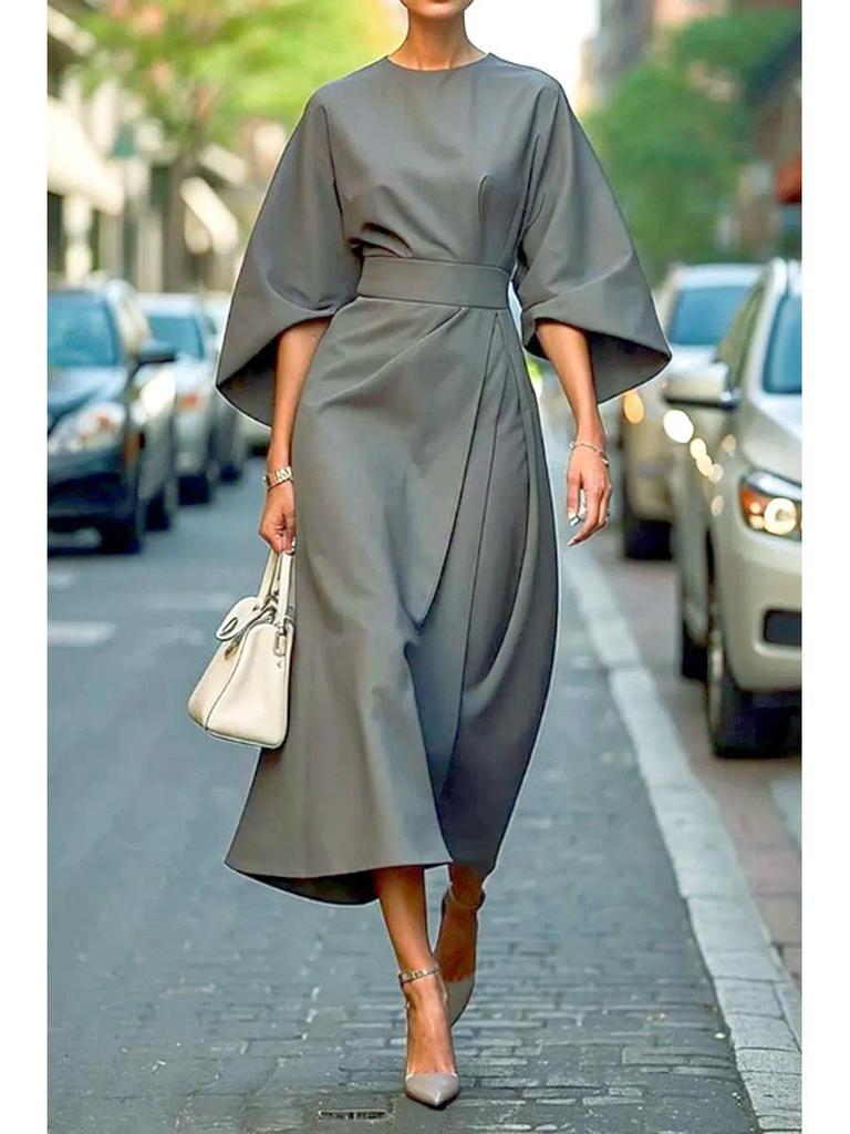 Damen 2026 Elegantes einfarbiges Taillengürtel Fledermausärmel Langes Kleid für Freizeit und formelle Anlässe