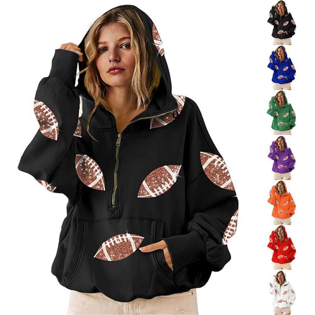 Women's Sports Shirt With Soccer Sequins And Pockets Long Sleeved Half Zip Hooded Top
