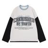Mens Oversized Long Sleeve T-Shirt With Contrast Color Panel Distressed Letter Print Metal Ring Cutout Detail Streetwear Casual