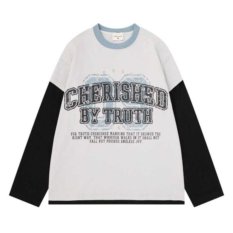 Mens Oversized Long Sleeve T-Shirt With Contrast Color Panel Distressed Letter Print Metal Ring Cutout Detail Streetwear Casual