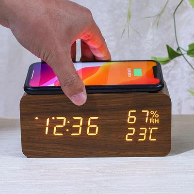 Intelligente kabellose Ladeuhr Temperatur-Hygrometer Elektronischer Wecker Digitaler Holz-Elektronikwecker