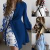 Womens Elegant Wrap-Style Colorblock Tie-Waist Dress With V-Neck Long Sleeve Asymmetrical Hem