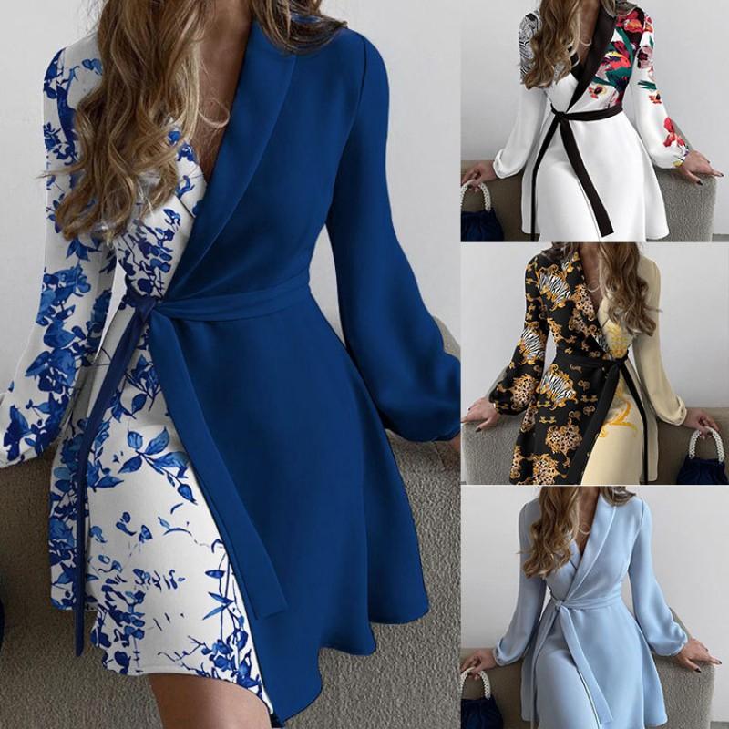 Womens Elegant Wrap-Style Colorblock Tie-Waist Dress With V-Neck Long Sleeve Asymmetrical Hem