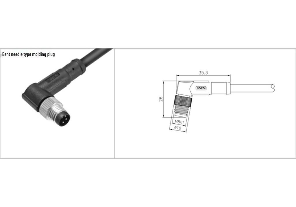 M8 Waterproof 34-Pin 5/6-Core 8-Hole Elbow Connector IP67 Male-Female with Pre-embedded Wire.