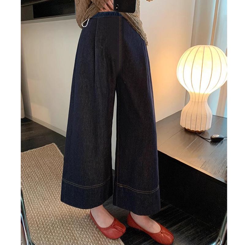 Retro Blue Wide-Leg Maternity Jeans - Women s Autumn/Winter Casual Plus Size Cropped Slim Fit 2XL
