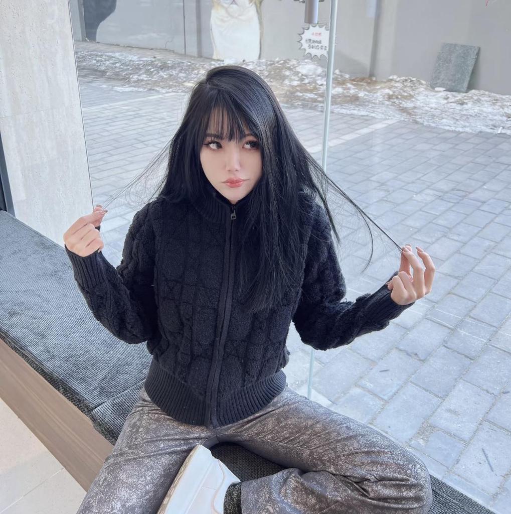 Haute Couture French D Cashmere Blend Diamond Pattern Zip-Up Cardigan Women's Knitwear