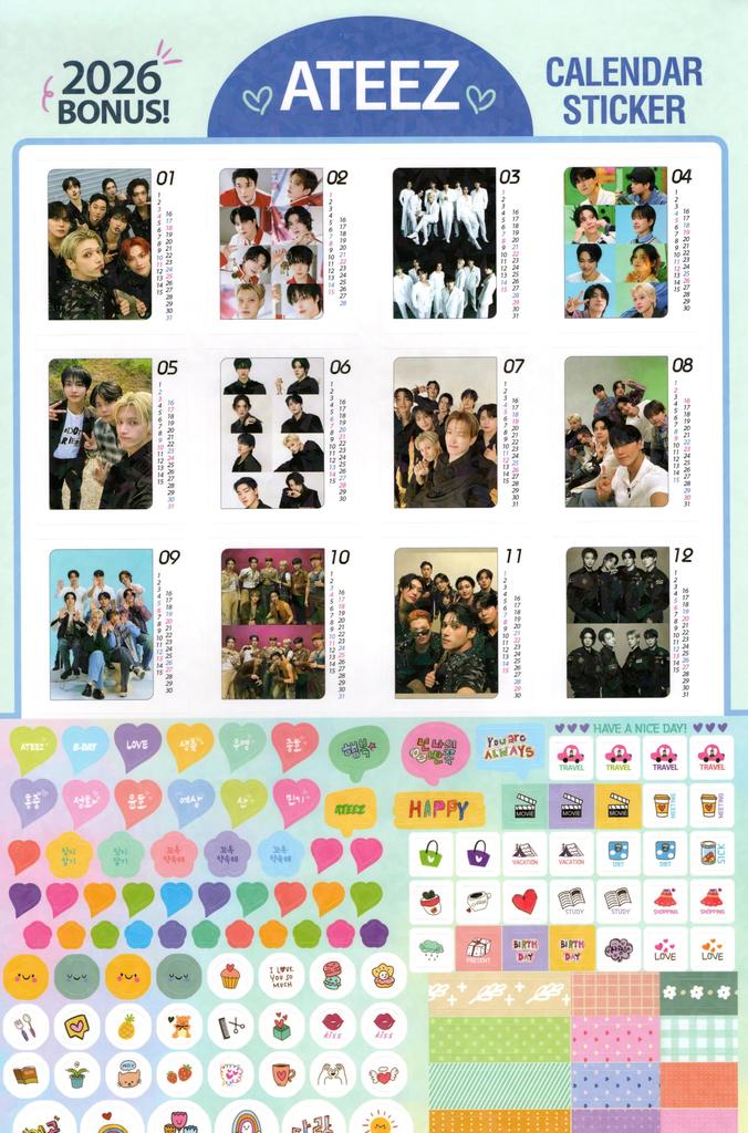 ATEEZ Merchandise Large Wall Calendar 2026 Calendar Sticker Set (Reiwa 8) + K-POP