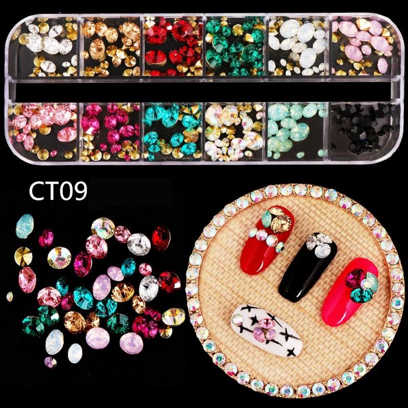 12 Grids Colorful Crystal Nail Art Rhinestones Acrylic Nail Stones Beads Studs Flat Back Shiny Tips 3D Nails Art Decorations