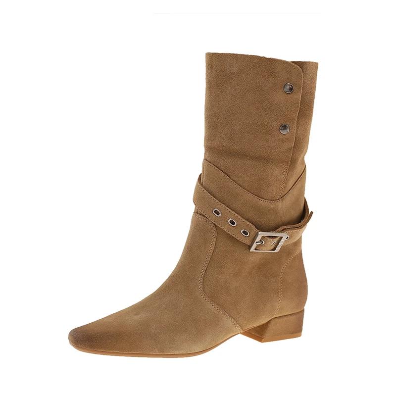 

2025 Новая женская обувь Осень Слипоны Полусапожки Мода Большой размер Универсальные Острый носок Однотонный Квадратный каблук Женские сапоги 42 хаки