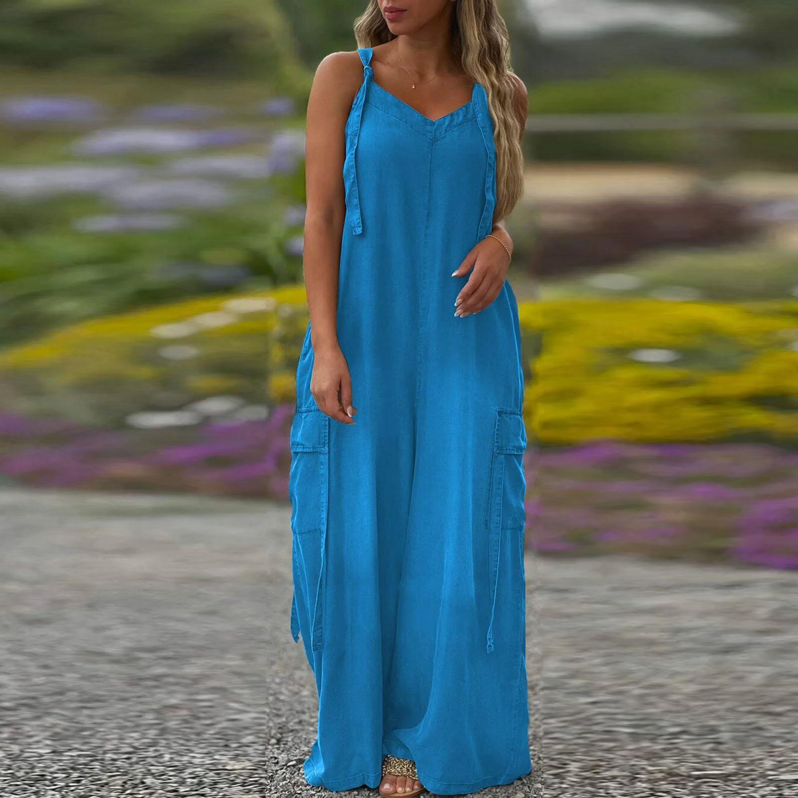 

Женский модный повседневный свободный однотонный комбинезон с карманами и V-образным вырезом XXL