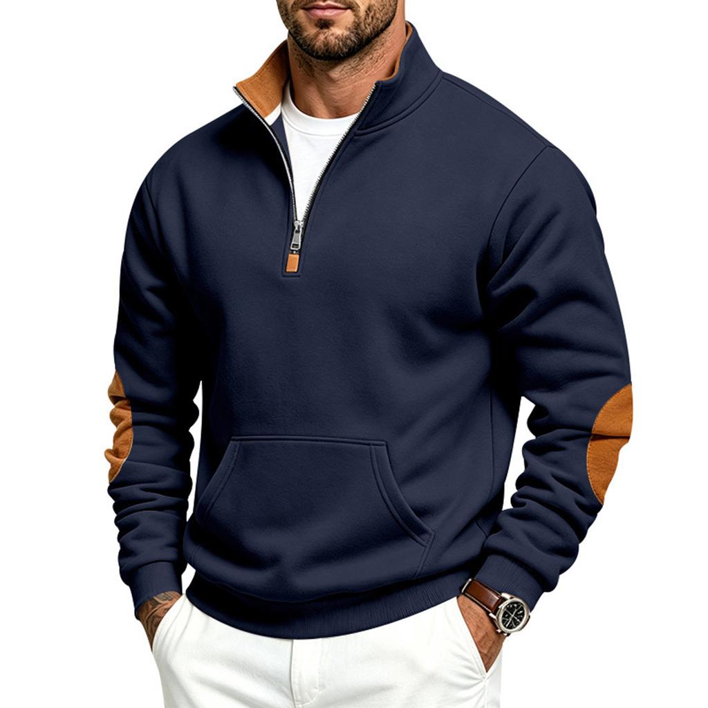 Men's Retro Patchwork Half-Zip Sweatshirt with Stand Collar for Fall Winter Casual Wear