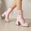 9Cm Square Heel Waterproof Platform Short Boots Heart-Shaped Metal Buckle Rivets Leather Short Plush Winter Ankle Boots 35-45