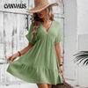 Vestido de Verano para Mujer Talla Grande Color Sólido Cuello en V Suelto Plisado