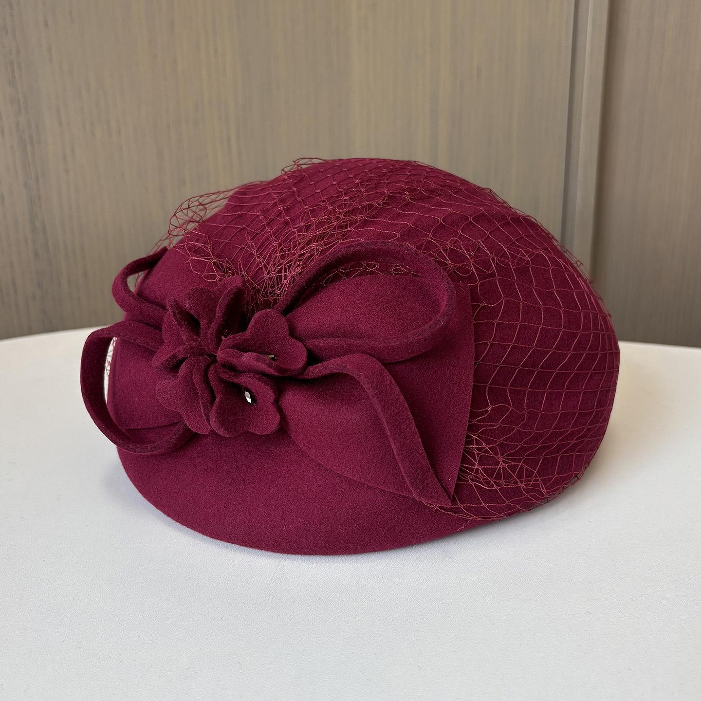 Французская Элегантная Британская Ретро Сетчатая Шляпа-Бутон Шерстяная Цилиндр Свадебное Платье Банкет Свадебные Головные Уборы Шляпа Стюардессы Adjustable бордовый