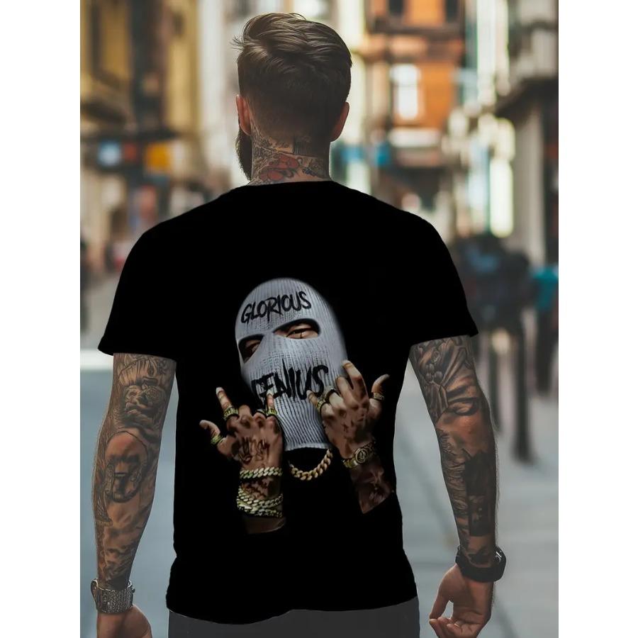 Men Black Cartoon Print 3d T Shirt Short Sleeve O-Neck TShirt Vintage Polyester Breathable Sport Casual Large Size T-Shirts Men’s
