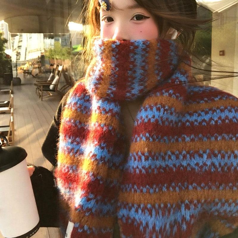 Fair Island Striped Knitted Scarf Women's New Winter Thickened Warm Soft Waxy Couple Shawl Wool Scarf