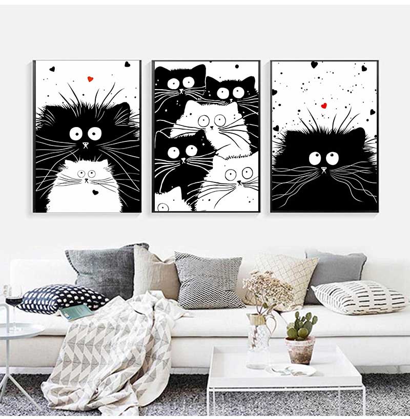 Schattige Zwart-Witte Kat Cartoon Dieren Minimalistische Muurkunst Print Canvas Schilderij Posters voor Woonkamer Moderne Huisdecoratie