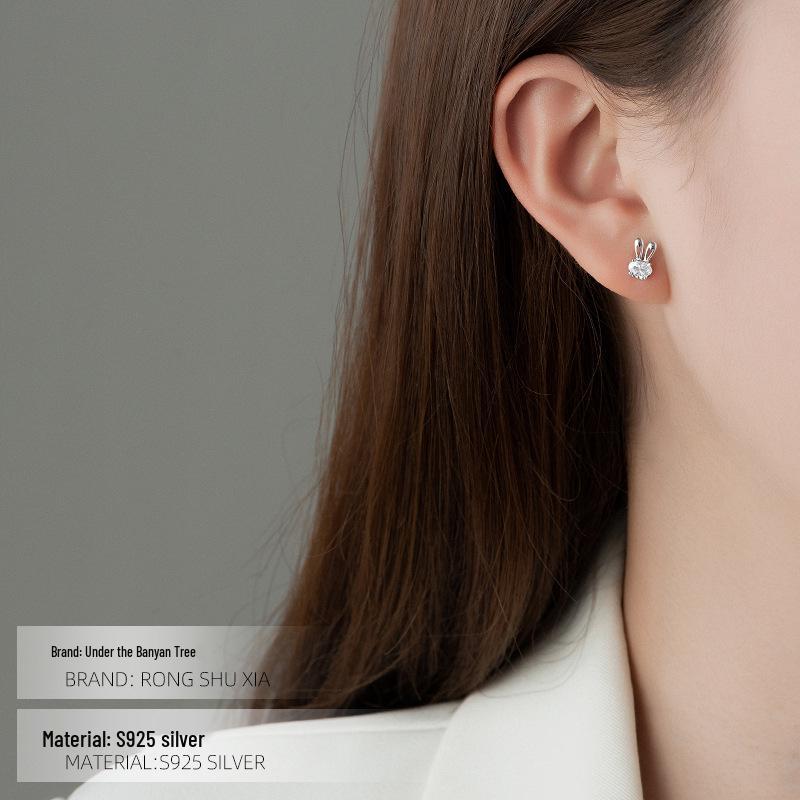 Banyan Tree S925 Silver Zircon Rabbit Earrings - Elegant, High-End Diamond Design for Women