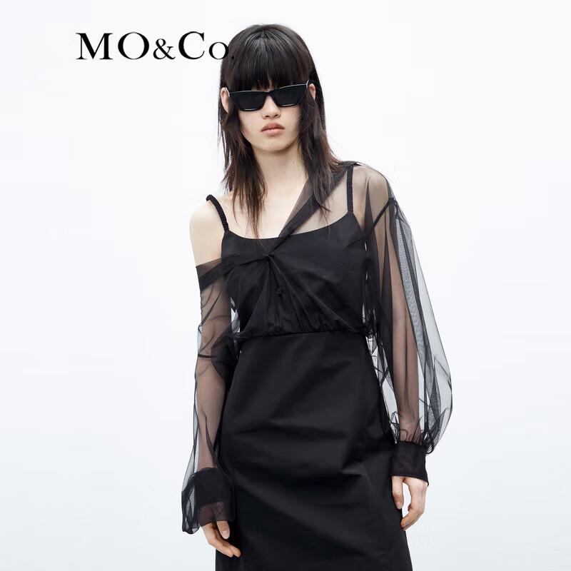 MO&Co. Women's Sheer Spliced Shirt Collar Black Dress
