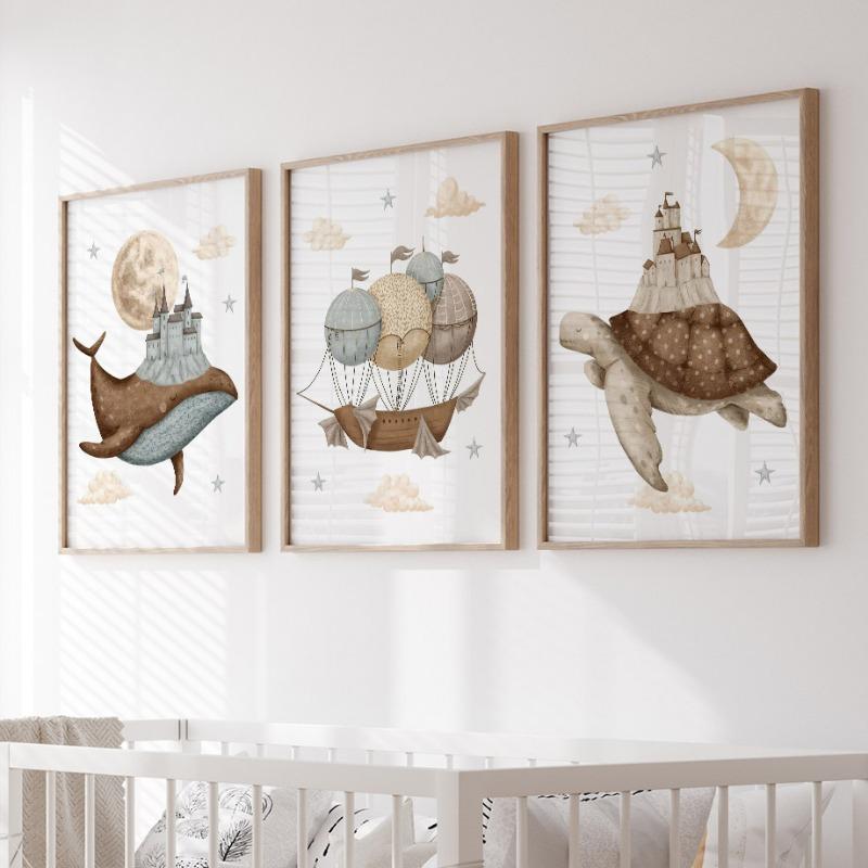 Whale Turtle Castle Balloon Nordic Nursery Wall Art Posters Art Prints Canvas Painting Pictures Baby Kids Room Home Decoration