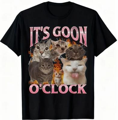 It's Goon O'Clock_ Laughing Cat Meme T-Shirt Round Neck Short Sleeve Humorous Womens Tshirt _ Bold Text Style
