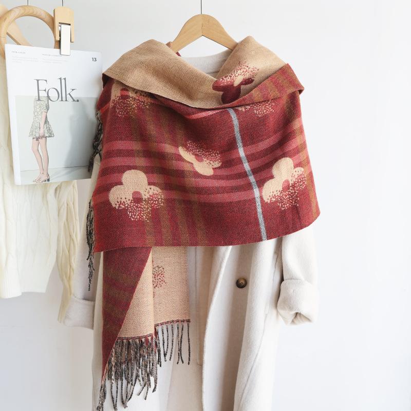 

Элегантная шаль из искусственного кашемира, женский осенне-зимний новый длинный шарф с принтом, повседневный утолщенный теплый студенческий шарф 185 красный