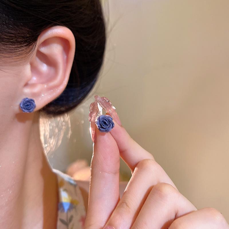 Dopamine Rose Flower Stud Earrings Women's Summer Small Earrings Design Sense Earrings