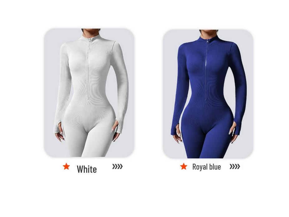 European-Style One-Piece Sport Jumpsuit for Women with Zipper, Stand Collar, Long Sleeves, Thumb Holes, Hip Lifting, and Tummy Control