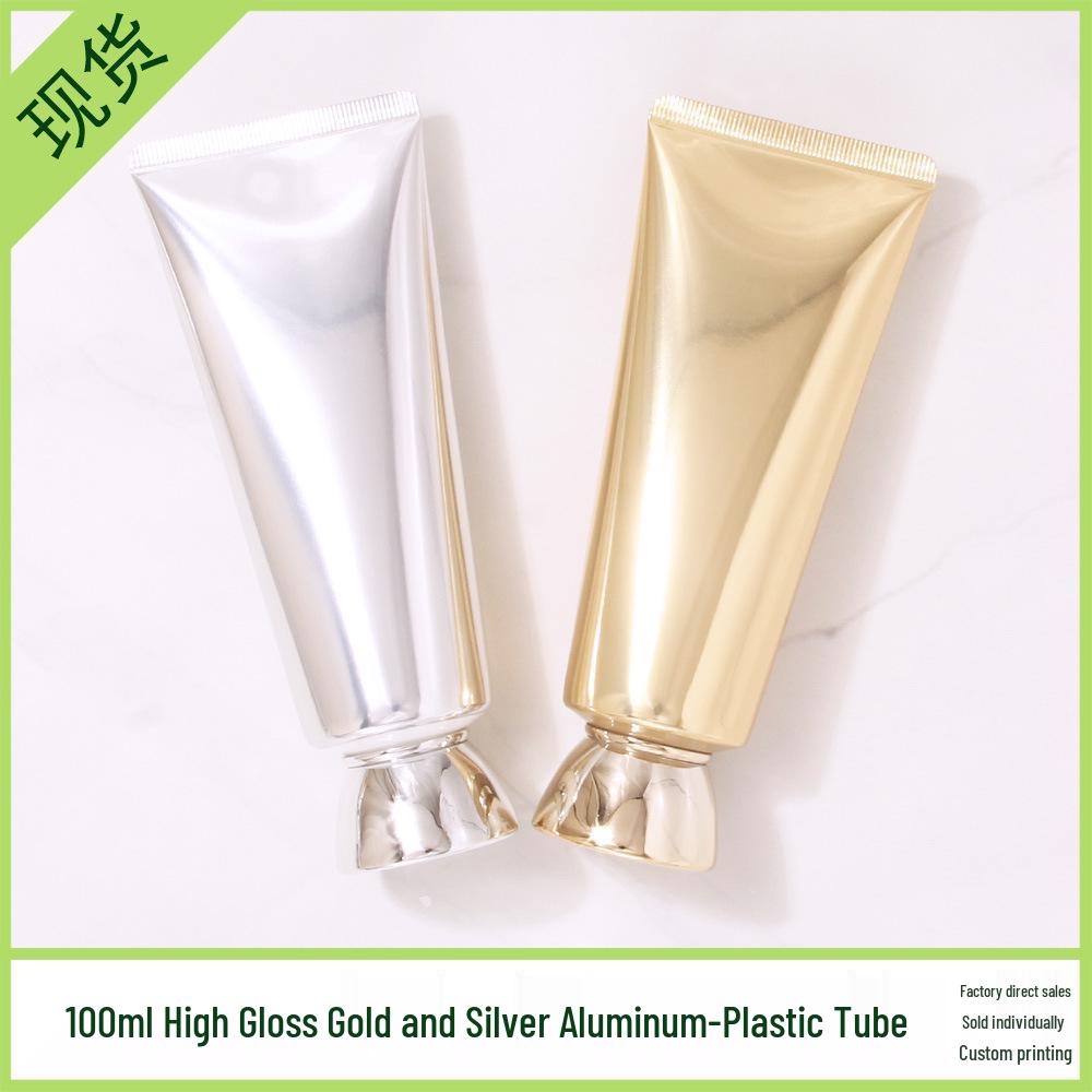 In Stock 100ml/100g High Gloss Gold-Silver Aluminum-Plastic Cosmetic Tube with Acrylic Cap - Refillable PE Empty Bottle