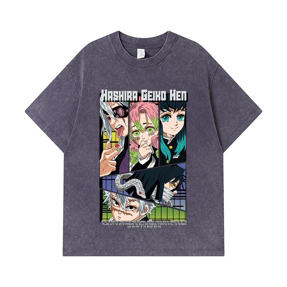275 GSM Washed T-shirts 100% Cotton Demon Slayer V18 Hashira Geiko Print Unisex Heavy Cotton T Shirt