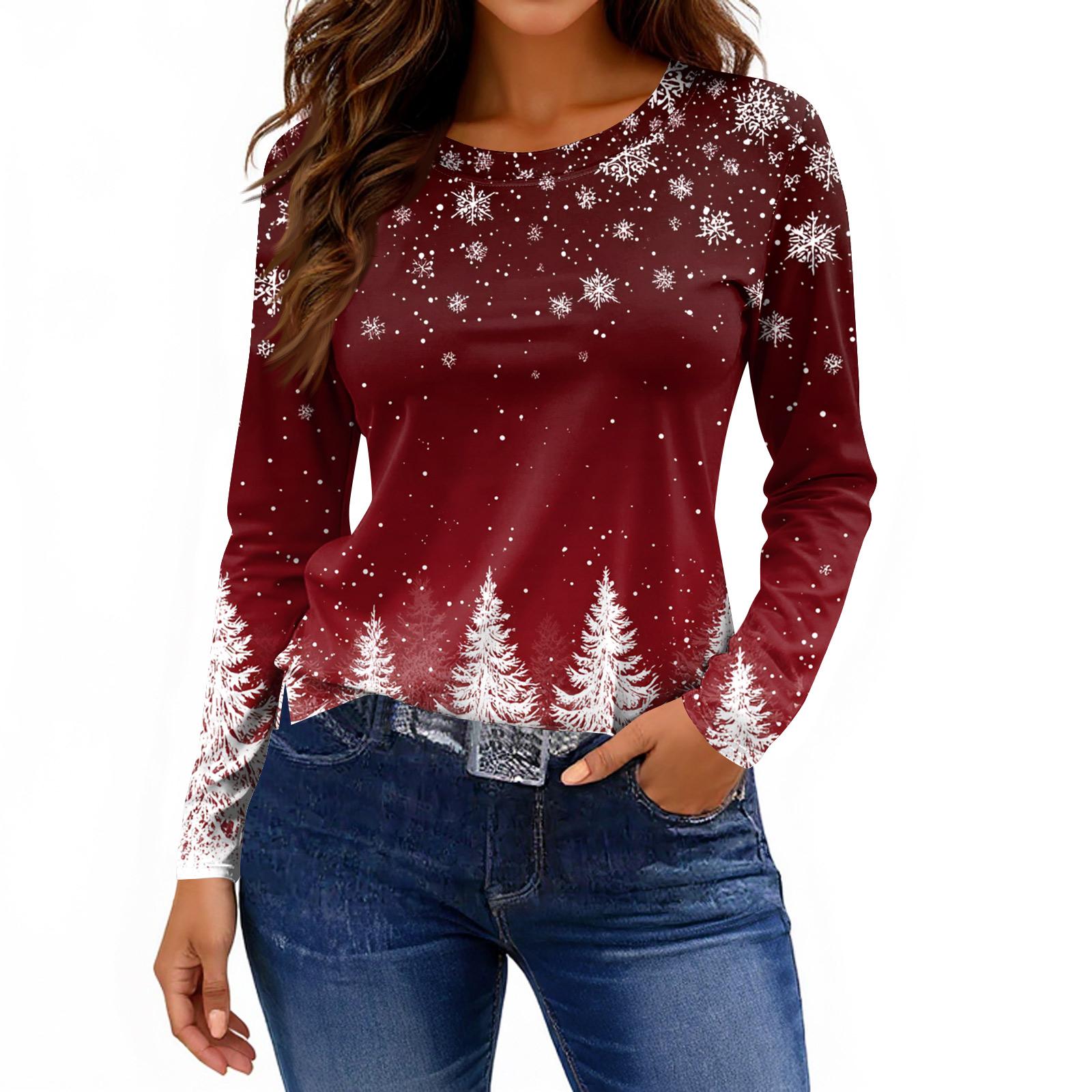 

Жіноча модна повсякденна футболка з розрізом і круглим вирізом з довгим рукавом і принтом. S Кіновар