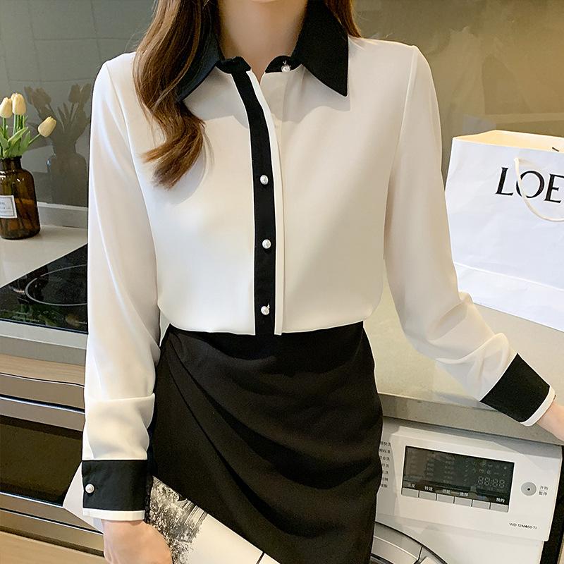 2026 Spring Korean Style Silk Color Block Long Sleeve Women's Fashion Shirt