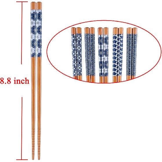 Antner 5 Pairs Natural Bamboo Chopsticks Reble Classic Japanese Style Chop Sticks Gift Sets, Dishwasher Safe, 8.8 Inch/22.5cm
