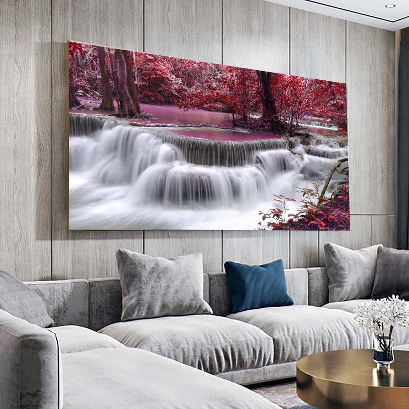 Landscape Natural Waterfall Canvas Painting Green Tree Forest Posters and Prints Wall Art Living Room Home Decor No Frame