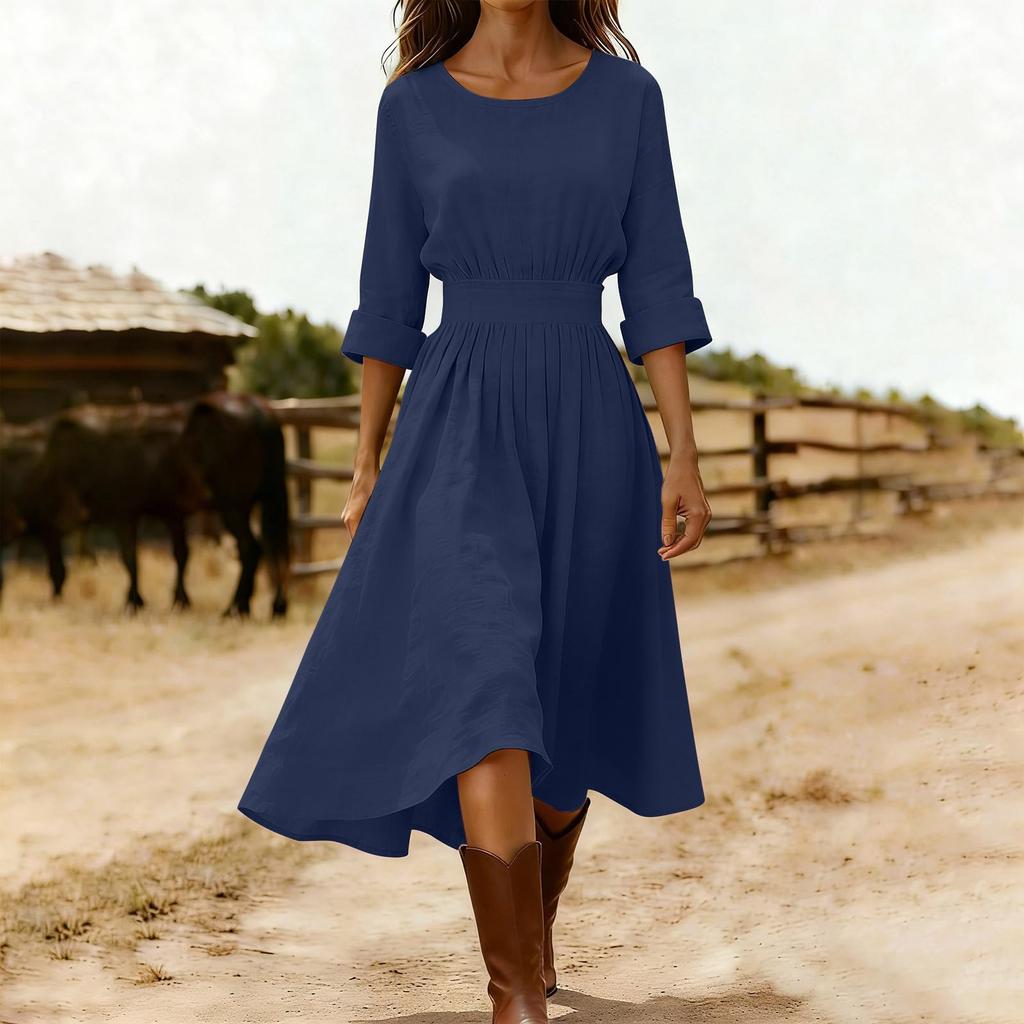 Damen Mode Rundhals Langarm Tailliert Lässig Baumwoll-Leinen-Mischung Kleid