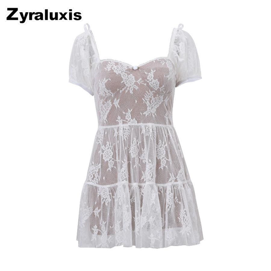 Women s Summer New Arrivals Sweet Style Square Neck Mesh Short Sleeve Dress S белый