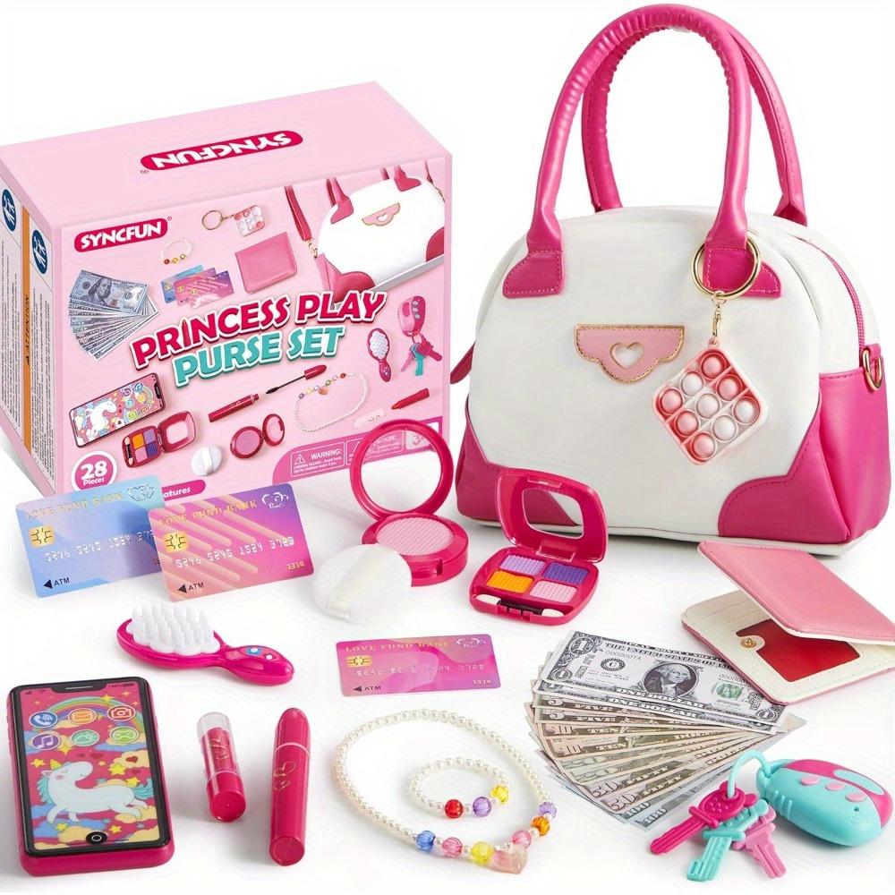 JOYFY Play Purse Set for Little Girls 27 PCS Princess Toy Set with Handbags Makeup Phone Wallet Jewelry Lipstick & Keys Gift