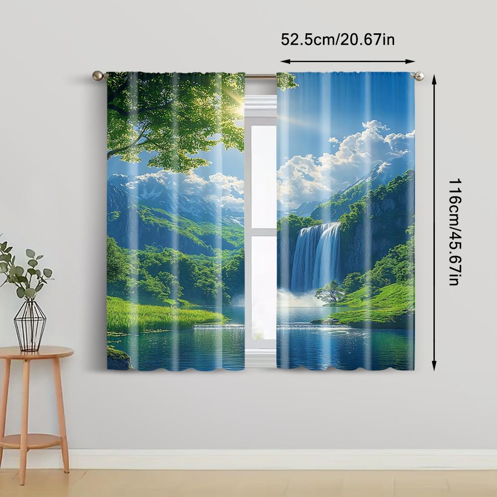 2pc,   Scene Curtains curtainWith waterfalls, green grass and blue sky Machine Washable Polyester,Without Electricity Versatile