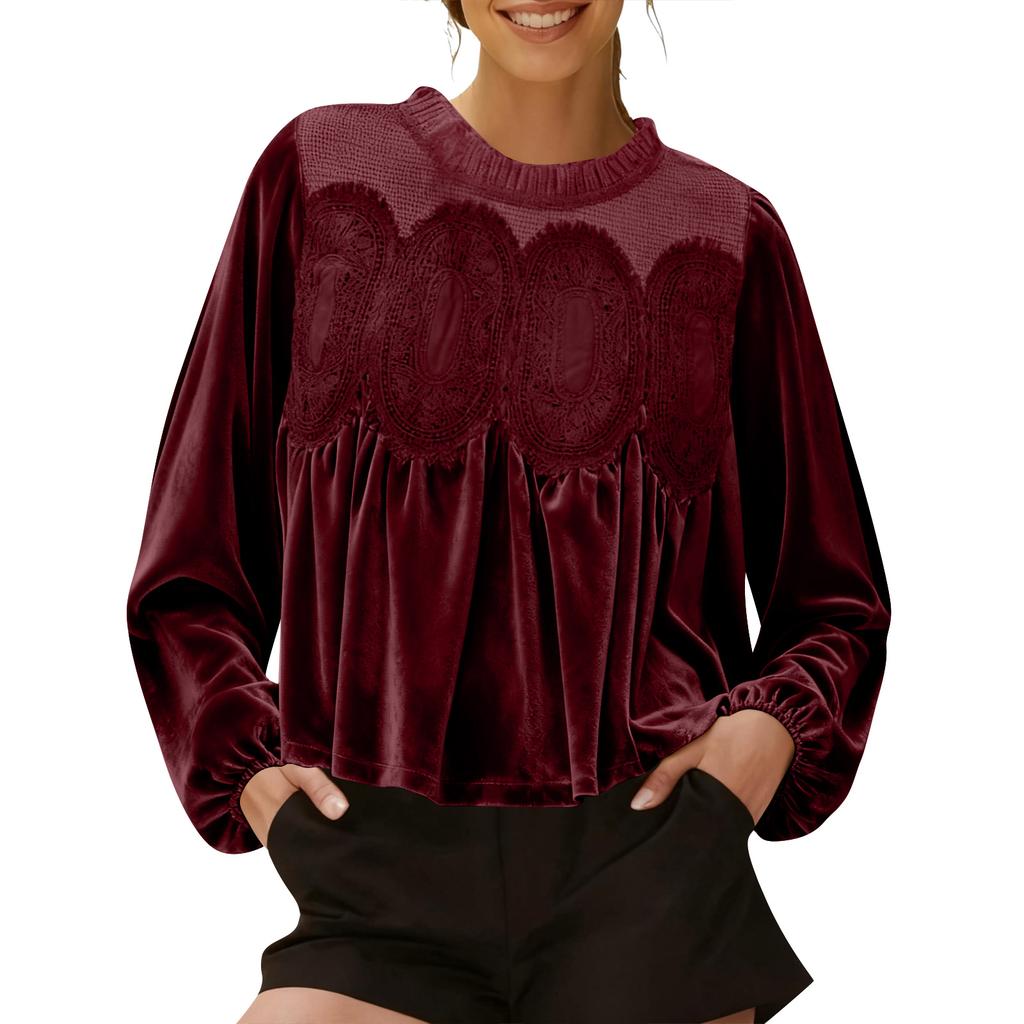 Loose-fitting, Slimming Mid-length Long-sleeved Solid Color Top With Mesh And Velvet Splicing