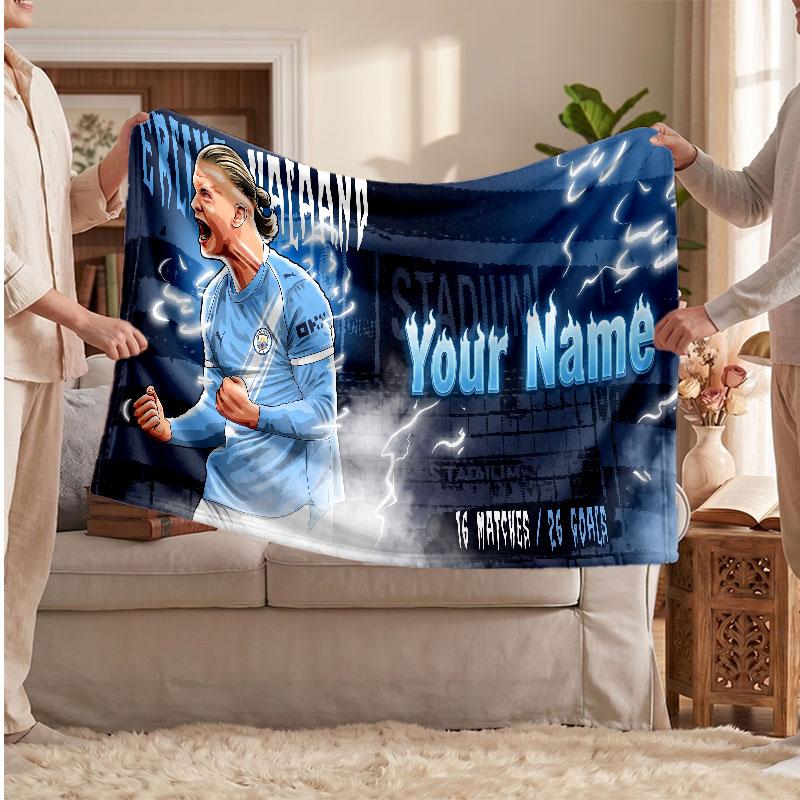 Erling Haaland Personalized Fleece Blanket With Football Logo, Custom Name Text Soft Warm Home Throw Blanket