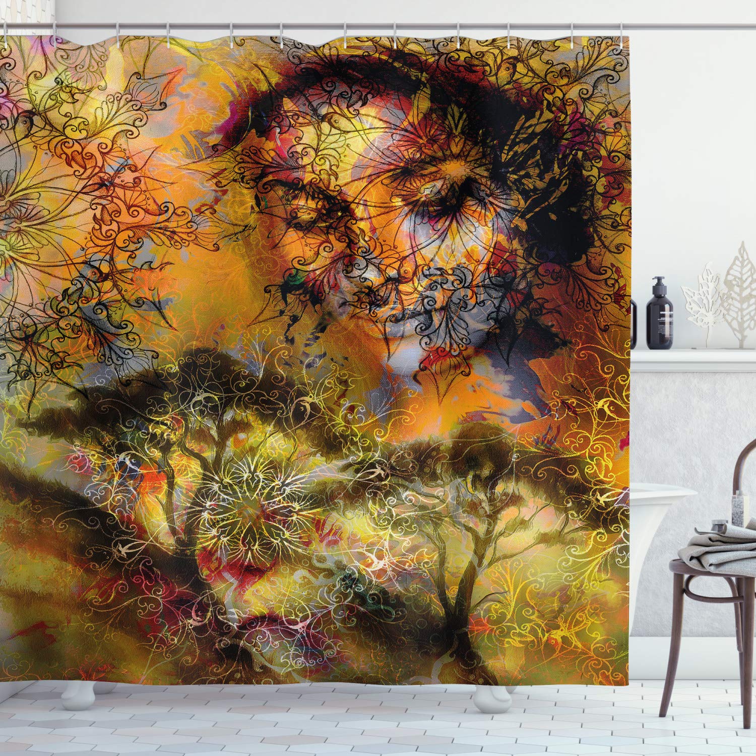 

Art Nouveau Lady Shower Curtain,Aesthetic Art Times Of The Day, Night S Rest,Evening Reverie,Daybreak,Morning Awakening Bath Set W90xH180cm