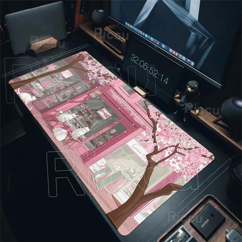 Anime Cat Mouse Pad Pink Cherry Blossom Street Landscape Mousepad Gaming PC Cabinet Mousemat Office Desk Accessories XXL Deskmat