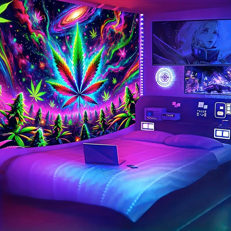 BlissYard Blacklight Tapestry Bedroom Cool Cute Girl Anime Wall Tapestry Aesthetic UV Reactive Purple Tapestries Glow In The Dark Art Wall Hanging
