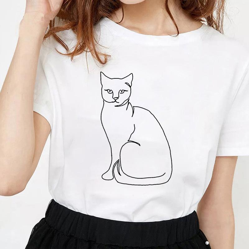 Kawaii Cat Line Drawing Minimalist Print T Shirt Female Harajuku Aesthetic Streetwear Summer Clothes for Women Camisa Masculina