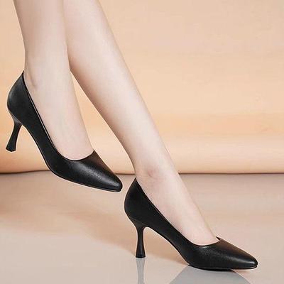 Comfortable Four-Season Leather Stiletto and Block Heel Stewardess Work Shoes for Women