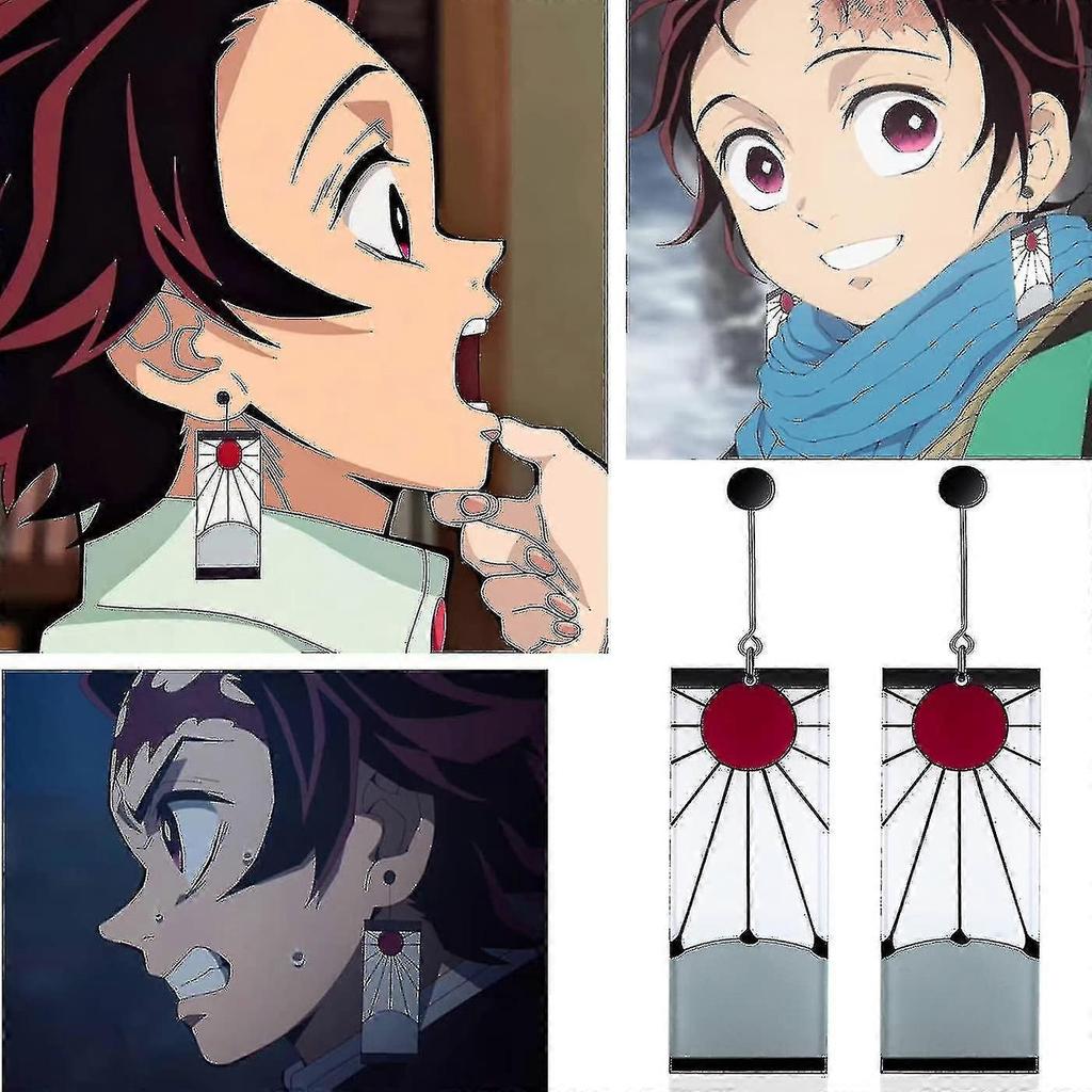 925 Sterling Silver Tanjiro Earrings,anime Demon Slayer Cosplay Tanjiro Black Earrings Ear Clip Kimetsu No Yaiba Hanafuda Halloween Compatible Men Wom